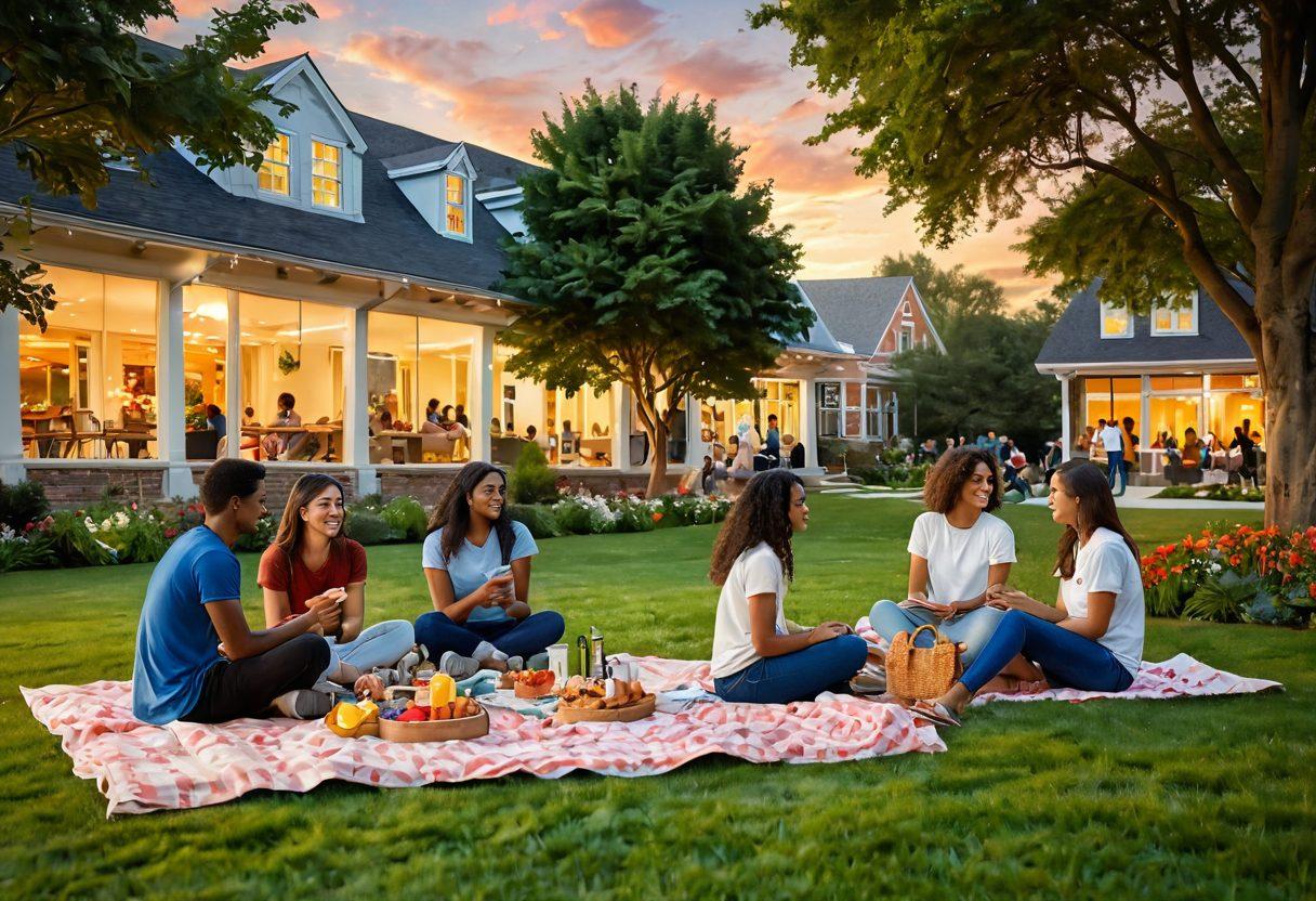 A vibrant campus scene featuring diverse students engaging in romantic activities, surrounded by lush greenery and colorful flowers. Include a cozy picnic setup with snacks, books, and a picturesque sunset in the background. Emphasize friendships, laughter, and positive energy among the students to promote wellness and love. super-realistic. vibrant colors. warm light.
