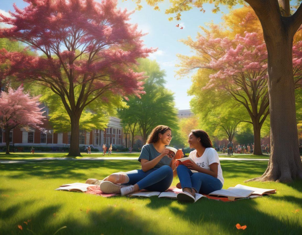 A vibrant college campus scene with diverse students enjoying a sunny day, sitting on the grass and engaged in intimate conversations. Include elements like books, coffee cups, and a couple sharing a laugh, surrounded by blooming flowers and trees. The atmosphere should convey warmth and connection while incorporating symbols of healthy relationships, like hearts and supportive gestures. super-realistic. vibrant colors. energetic atmosphere.
