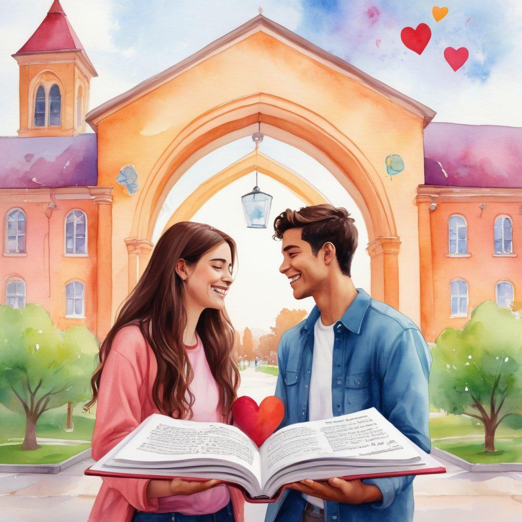 A split image depicting a vibrant university campus on one side with students engaged in romantic gestures, such as holding hands and sharing laughter. On the other side, an open book with illustrated tips and advice about dating and intimacy, surrounded by colorful hearts and doodles. The overall mood is playful and inviting, emphasizing the journey of love and connection among students. watercolor illustration. vibrant colors. light pastel background.